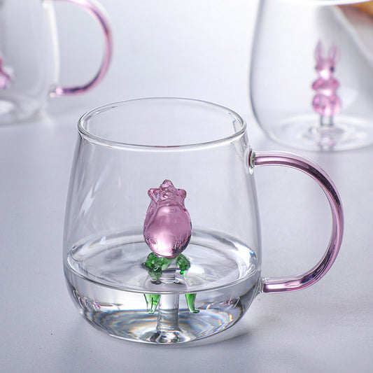 3D Rose Glass Cup With Handle