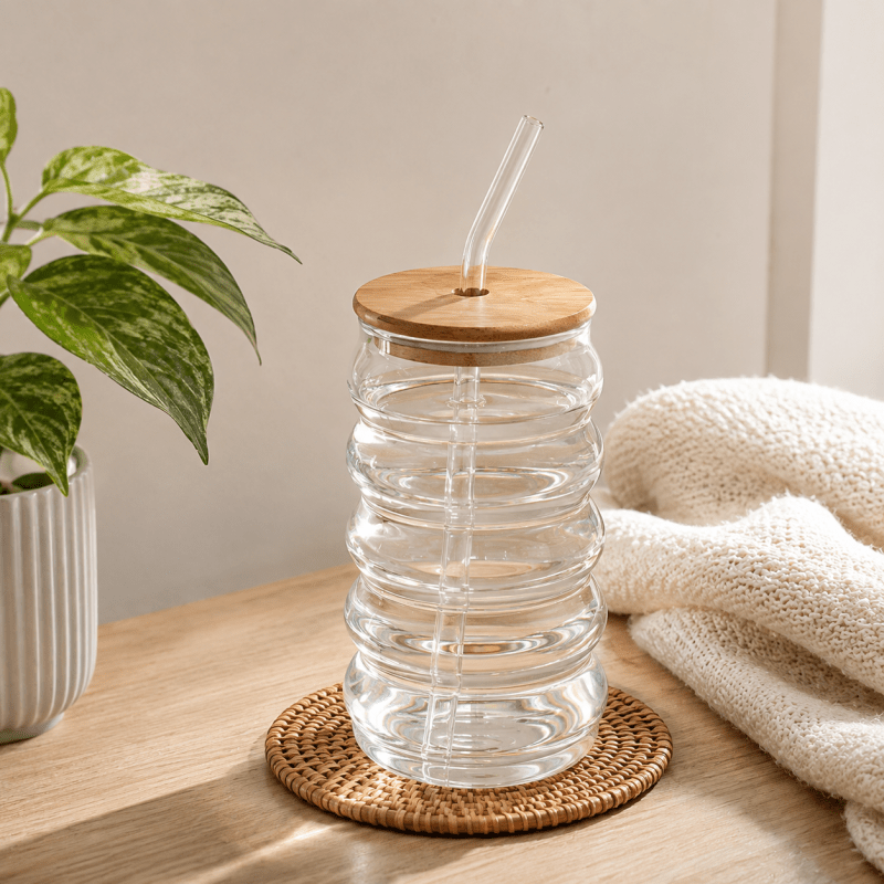 500ml Spiral Shaped Glass Tumbler With Wooden Lid And Straw - Homazing