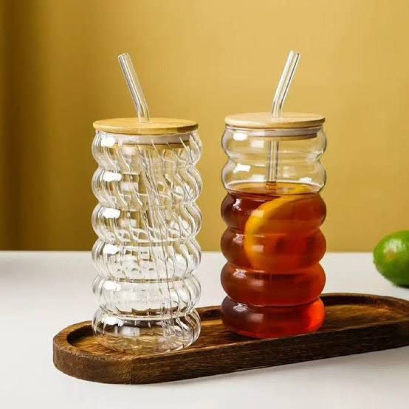 500ml Spiral Shaped Glass Tumbler With Wooden Lid And Straw - Homazing