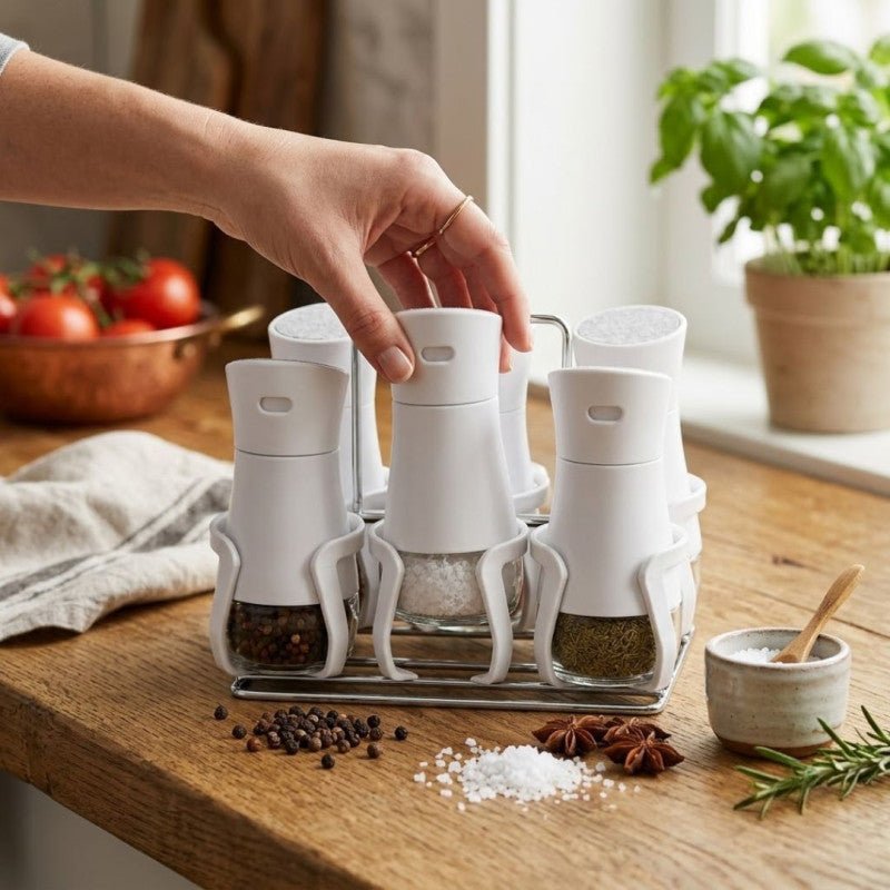 6PCS Glass Spice Shaker Set with Stand Kitchen Seasoning Organizer - Homazing