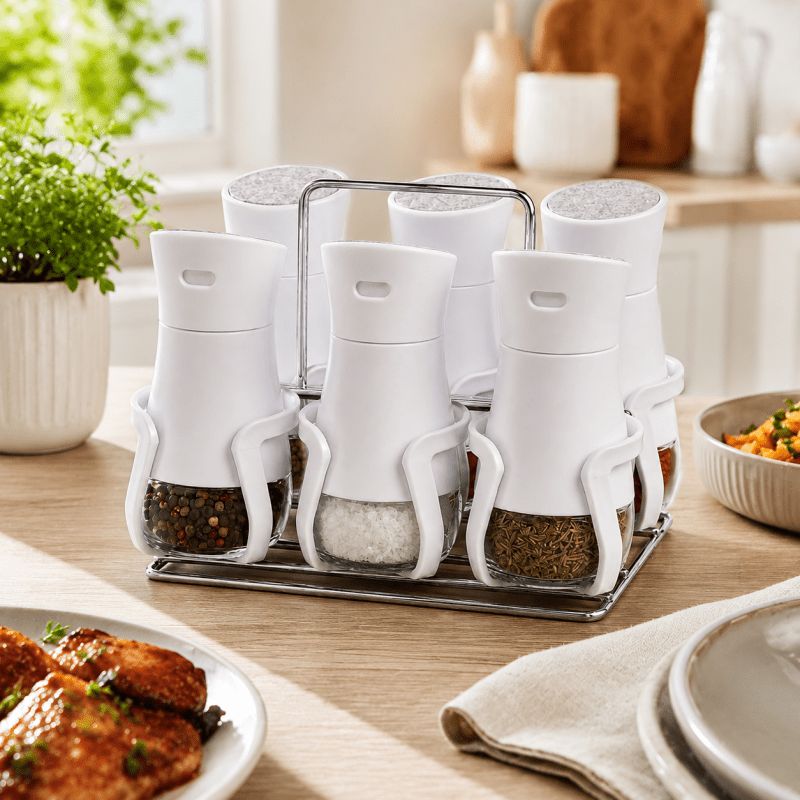6PCS Glass Spice Shaker Set with Stand Kitchen Seasoning Organizer - Homazing