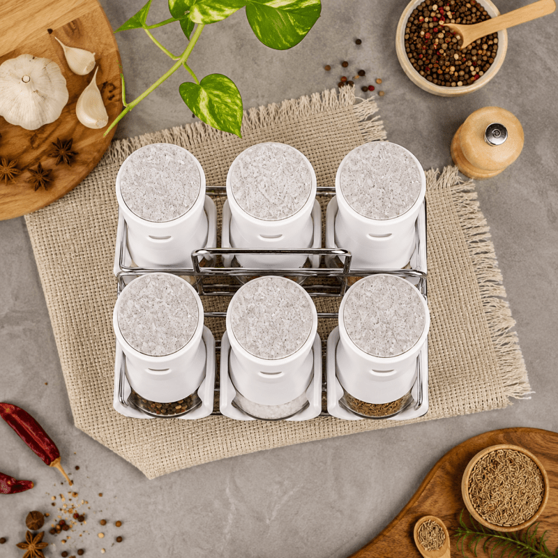 6PCS Glass Spice Shaker Set with Stand Kitchen Seasoning Organizer - Homazing