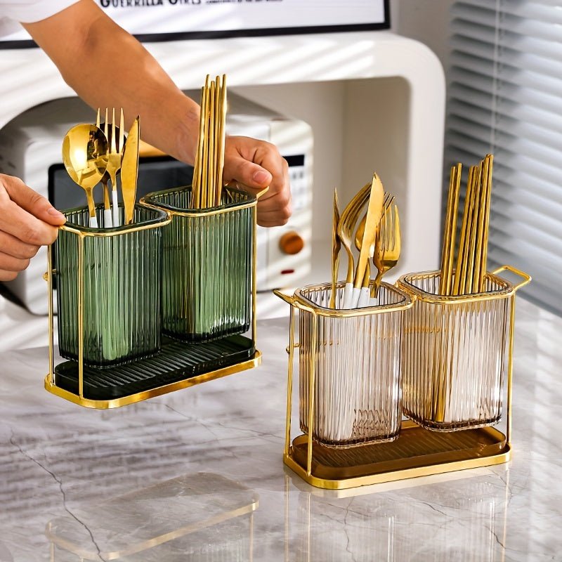 Acrylic Cutlery Holder with Golden Steel Stand Kitchen Utensil Organizer - Homazing
