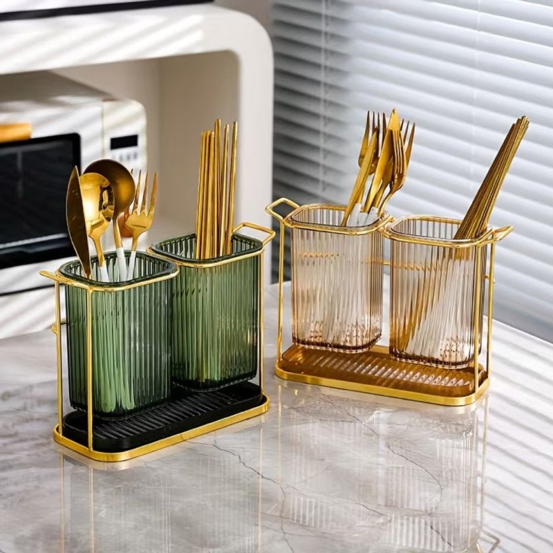 Acrylic Cutlery Holder with Golden Steel Stand Kitchen Utensil Organizer - Homazing