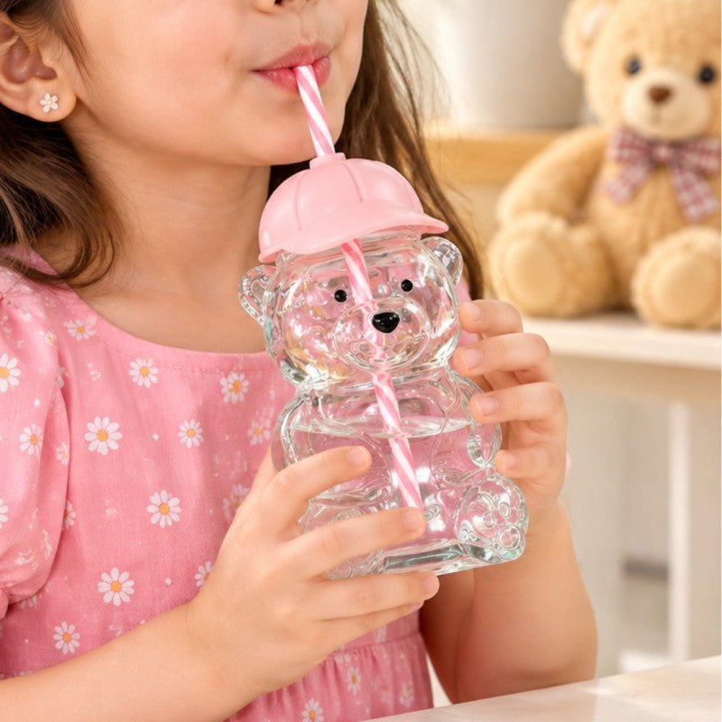Cute 470ml Bear Shaped Glass Sipper with Silicone Cap - Homazing