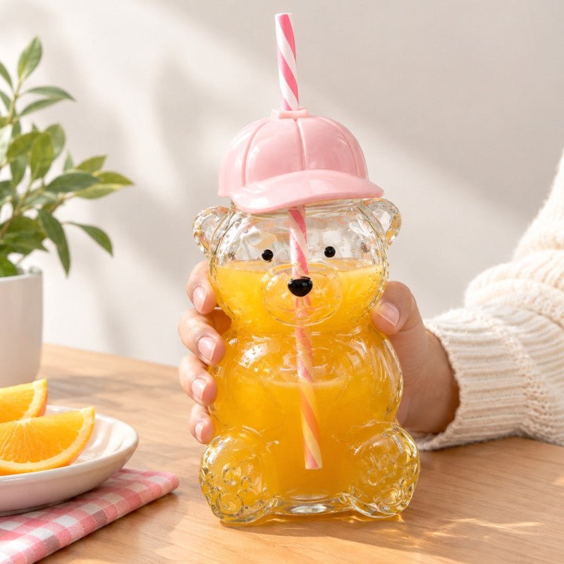 Cute 470ml Bear Shaped Glass Sipper with Silicone Cap - Homazing