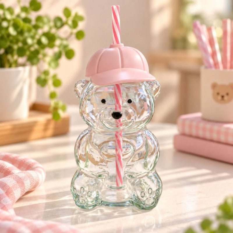 Cute 470ml Bear Shaped Glass Sipper with Silicone Cap - Homazing