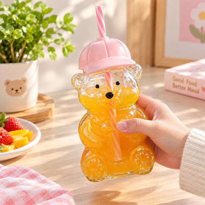 Cute 470ml Bear Shaped Glass Sipper with Silicone Cap - Homazing