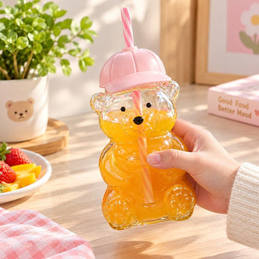 Cute 470ml Bear Shaped Glass Sipper with Silicone Cap - Homazing