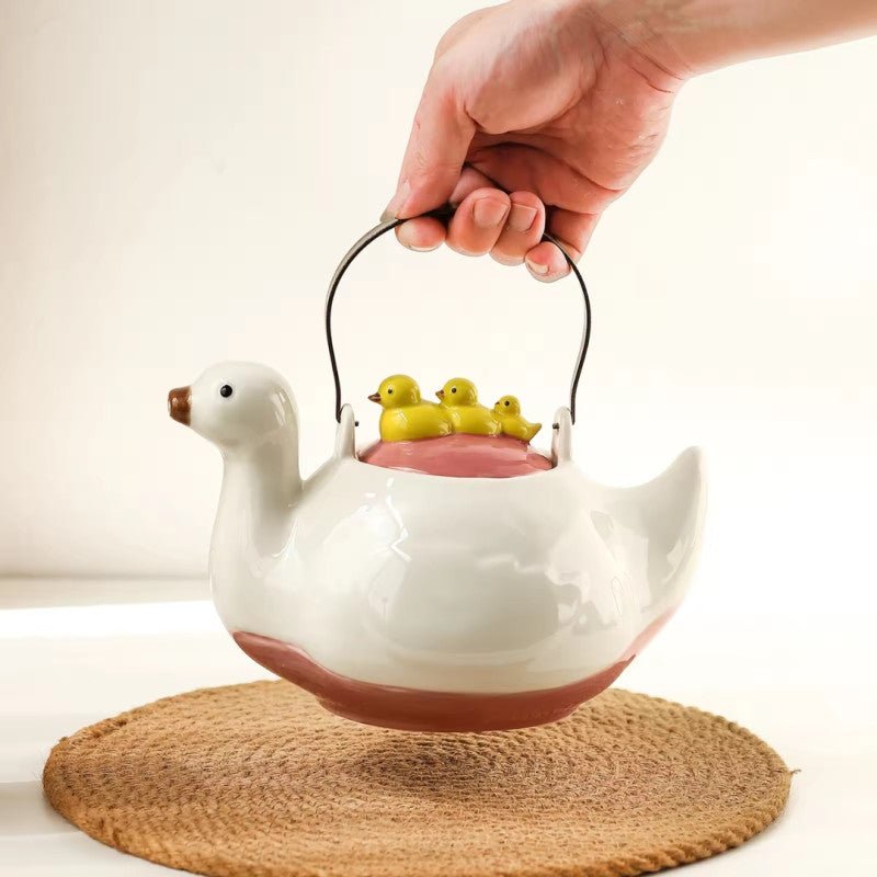 Cute Duck Ceramic Tea Pot with Fixed Duck Lid - Homazing