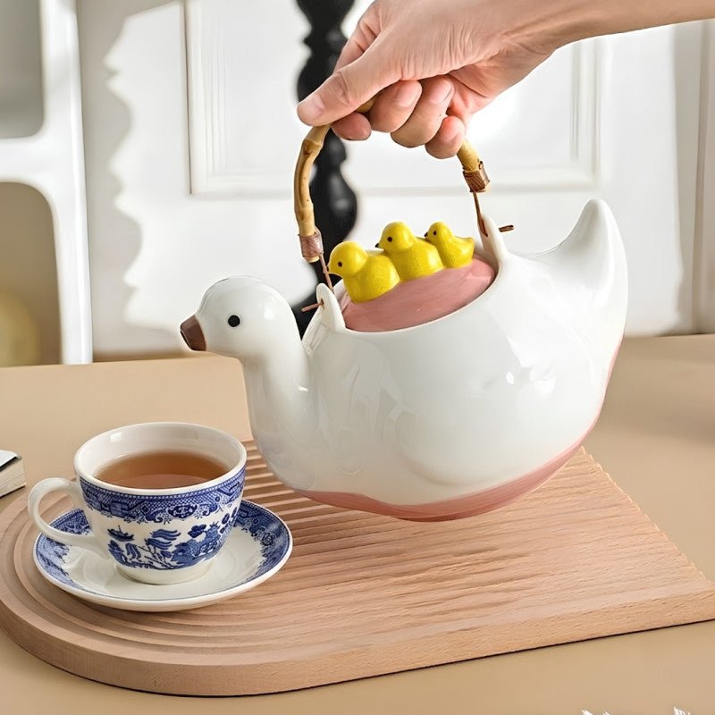 Cute Duck Ceramic Tea Pot with Fixed Duck Lid - Homazing