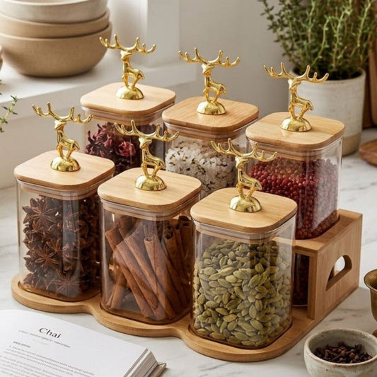 Glass Jar Set with Wooden Stand Premium Kitchen Storage Organizer - Homazing