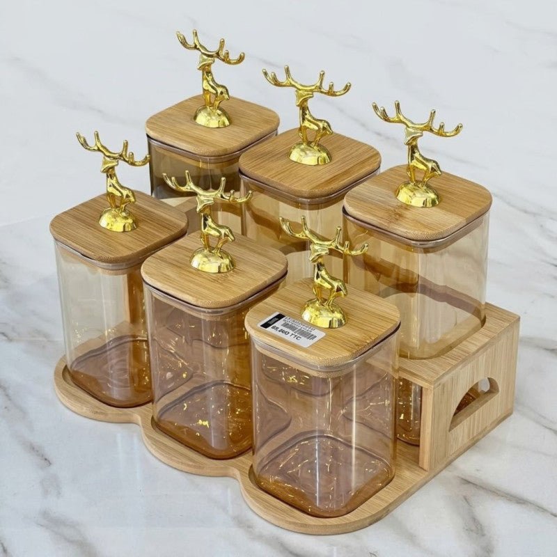Glass Jar Set with Wooden Stand Premium Kitchen Storage Organizer - Homazing
