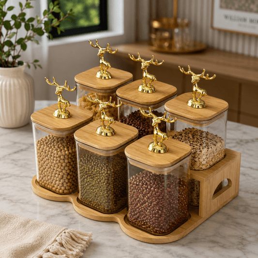 Glass Jar Set with Wooden Stand Premium Kitchen Storage Organizer - Homazing