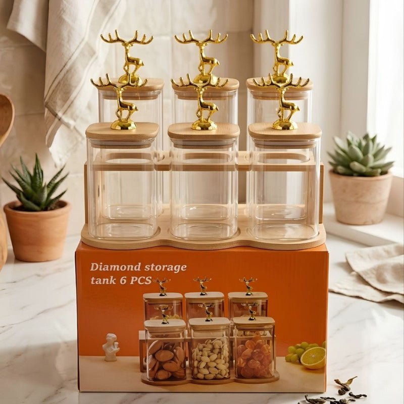 Glass Jar Set with Wooden Stand Premium Kitchen Storage Organizer - Homazing
