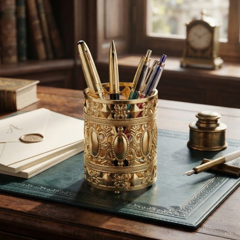 Gold Metal Pen Holder & Tealight Candle Lantern - Homazing