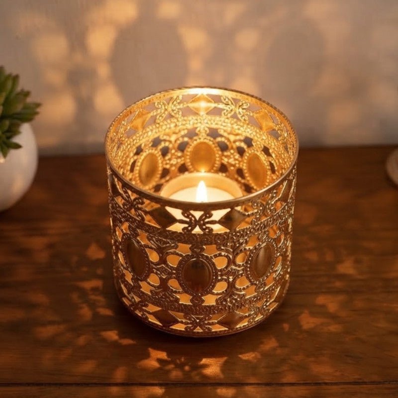 Gold Metal Pen Holder & Tealight Candle Lantern - Homazing