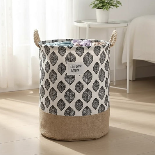 Two-Tone Foldable Laundry Basket - Leaves Pattern