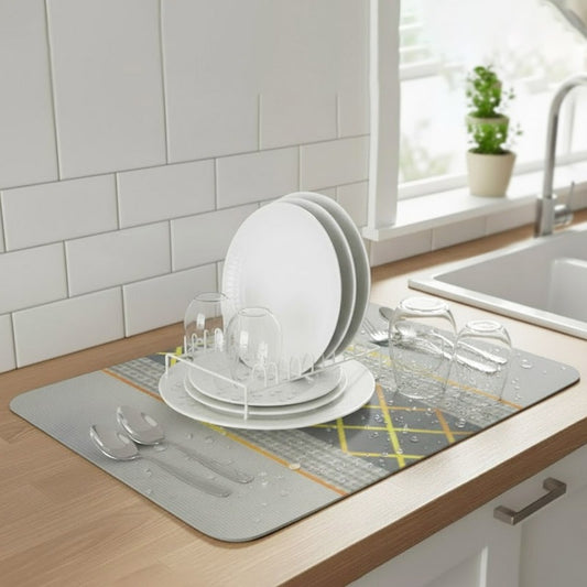 Anti-Slip Dish Drying/Dining Table Mat-Grey & Gold Accent Stripe Design