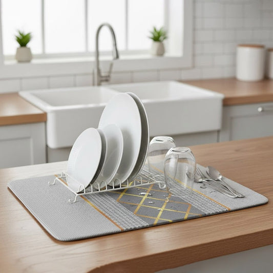 Anti-Slip Dish Drying/Dining Table Mat-Grey & Gold Accent Stripe Design