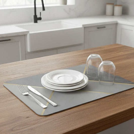 Anti-Slip Dish Drying/Dining Table Mat-Gray With Gold Diagonal Lines Design