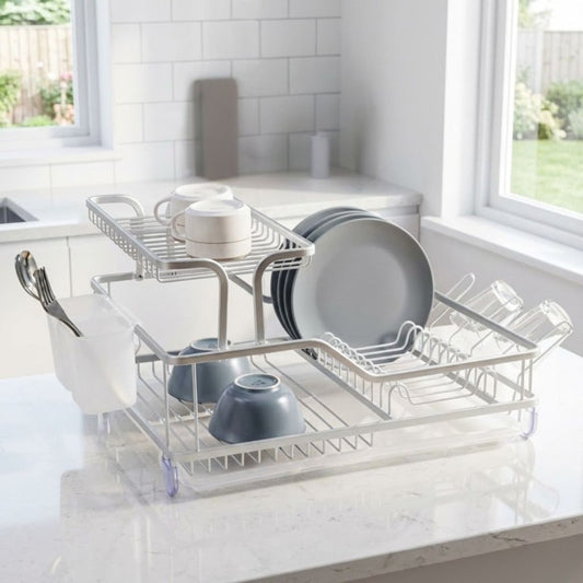 Plate Rack Aluminium Rustproof Dish Rack with Drain Board & Utensil Holder