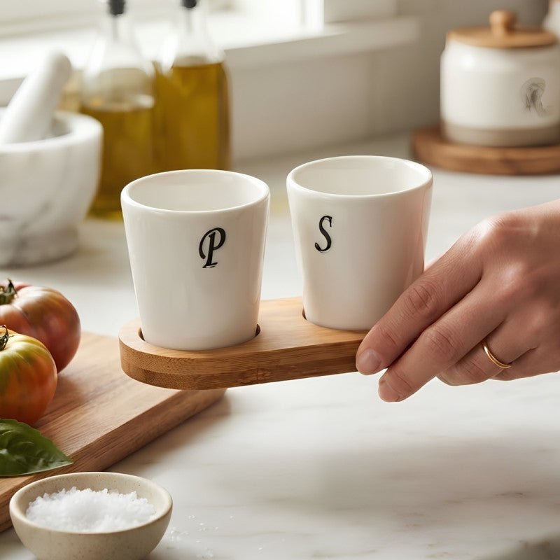 Luxury Ceramic Salt & Pepper Set With Bamboo Stand - Homazing