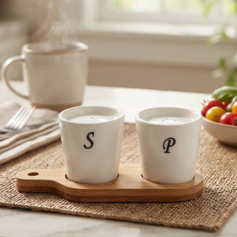 Luxury Ceramic Salt & Pepper Set With Bamboo Stand - Homazing