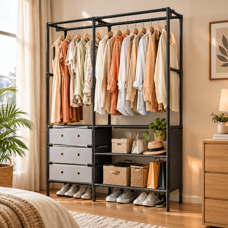 Multi Tier Clothing Rack with Drawers and Shoe Storage Organizer for Home and Bedroom - Homazing