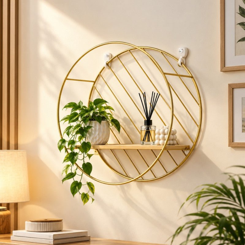 Nordic Gold Round Metal Wall Shelf with Wooden Ledge - Homazing