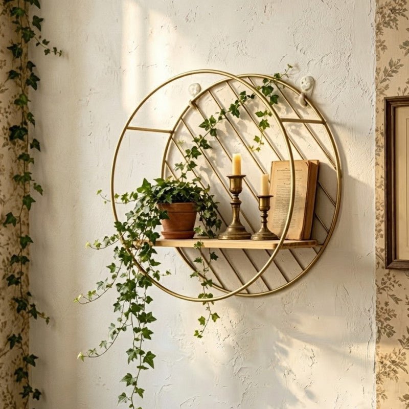 Nordic Gold Round Metal Wall Shelf with Wooden Ledge - Homazing