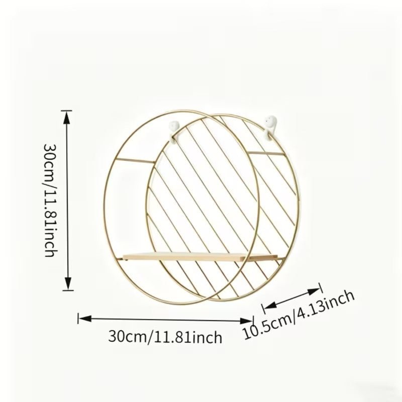 Nordic Gold Round Metal Wall Shelf with Wooden Ledge - Homazing