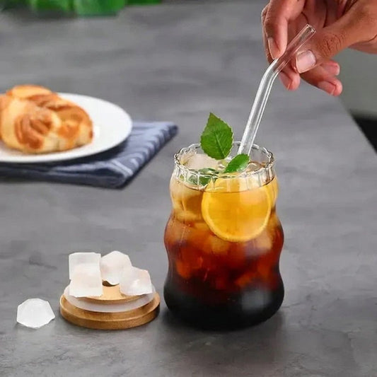 Ripple 400MLGlass Tumbler with Wooden Lid & Straw - Homazing