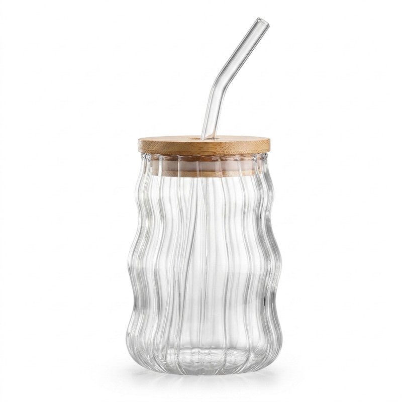 Ripple 400MLGlass Tumbler with Wooden Lid & Straw - Homazing